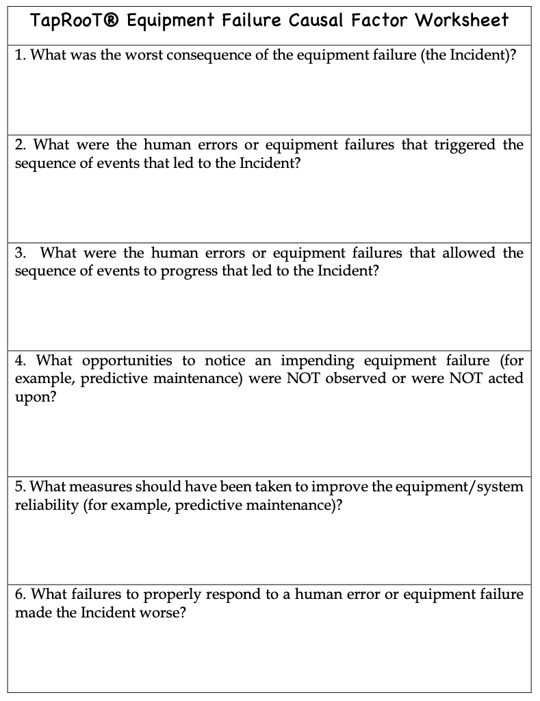 Equipment Failure Causal Factor Worksheet