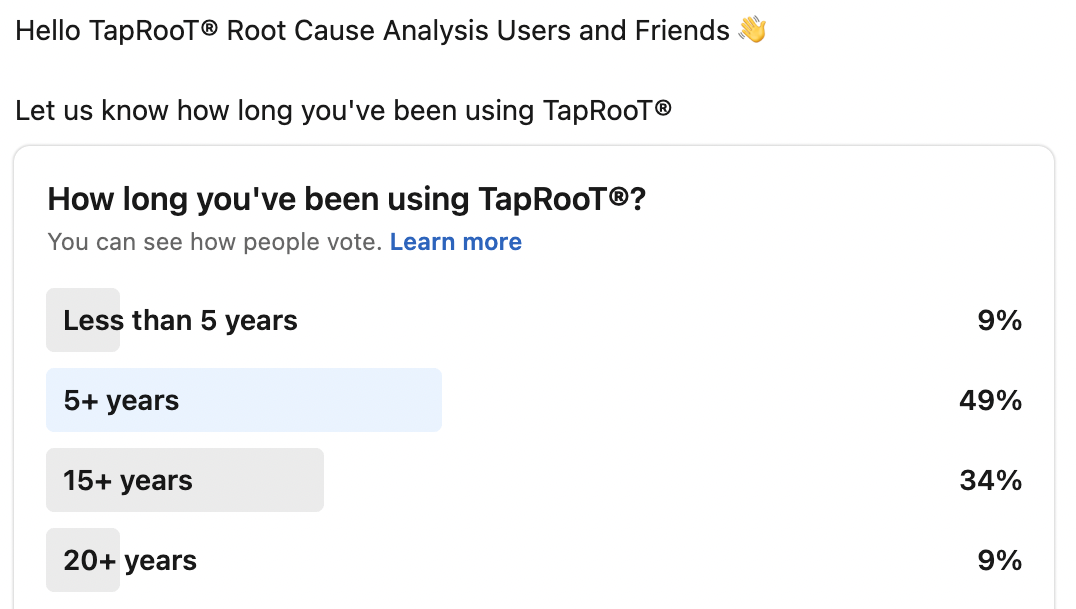 Survey image showing how long group users have been using TapRooT®