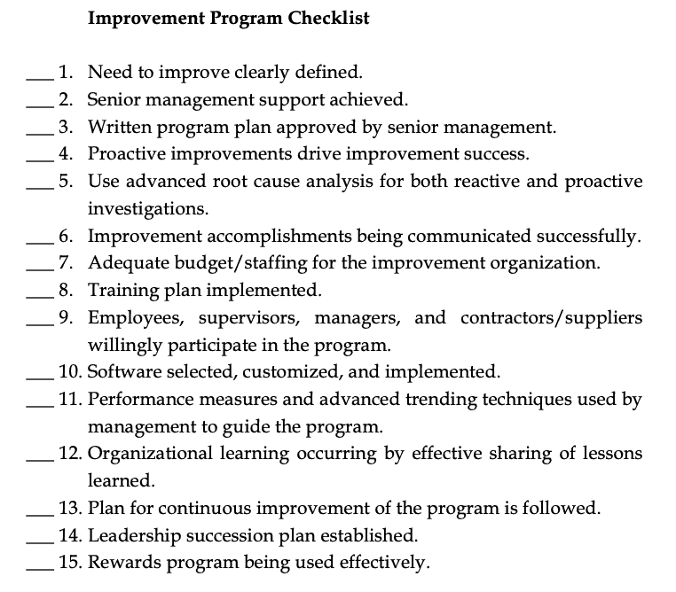 improvement program checklist